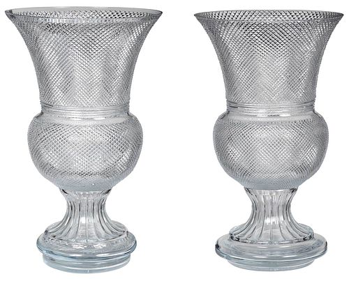 Pair of Neoclassical Style Cut Crystal Urns