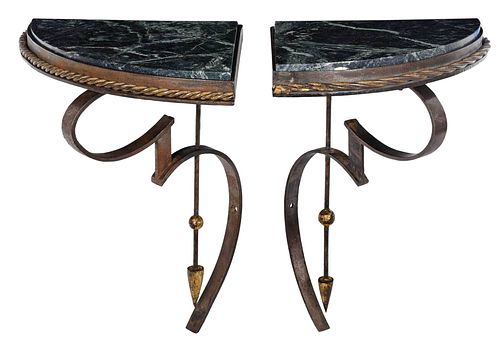 Pair of Patinated Gilt Iron and Marble Corner Consoles