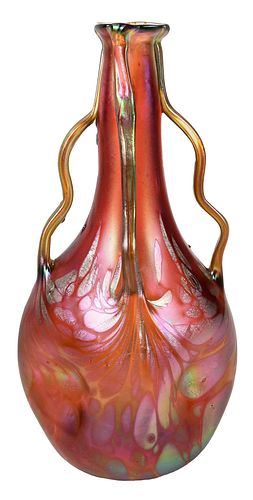 Loetz Attributed Phaenomen Glass Handled Vase
