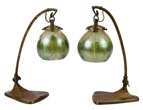 Pair Loetz Attributed Iridescent and Bronze Desk Lamps