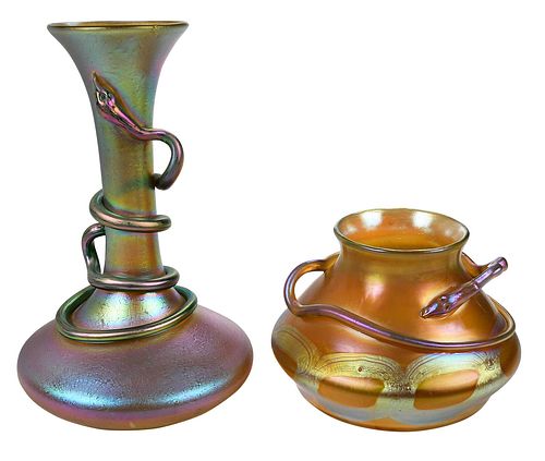Two Loetz Attributed Gold Iridescent "Snake" Vases