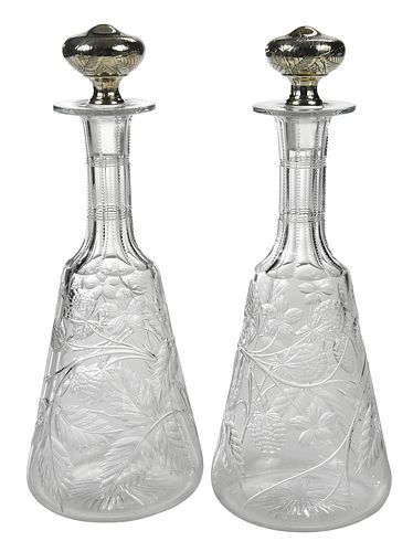 Pair of Tiffany Glass and Sterling Decanters