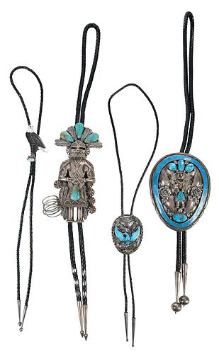 Four Southwestern Silver and Turquoise Bolos