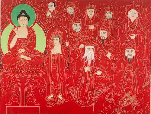 4777455: Large Southeast Asian Painting of Buddha with Multiple
 Figures on a Red Background KL7CC
