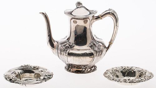 4777493: Towle Art Nouveau Style Sterling Silver Teapot
 and 2 Sterling Silver Art Nouveau Style Dishes KL7CQ