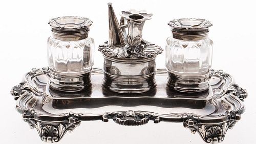 4777520: English Sterling Silver and Glass Inkwell Set, Birmingham, 1827 KL7CQ