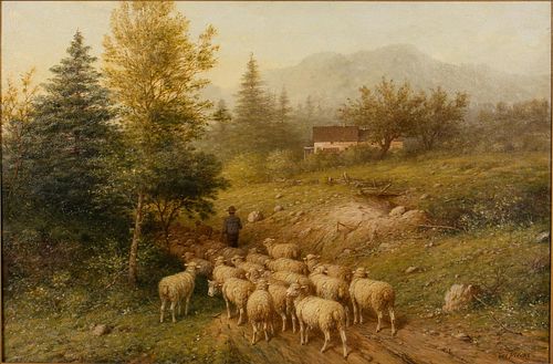 4777555: George Reicke (American, 1848-1930), Sheep on Roadway, Oil on Canvas KL7CL
