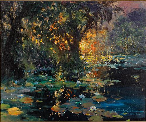 4777583: James Coleman (California/Hawaii, b.1949), Abstract
 Landscape with Lotus Flowers on River, O/C KL7CL