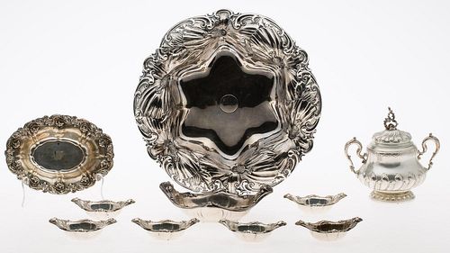 4777601: Nine Floral-Decorated Art Nouveau Style Sterling
 Silver Dishes and a Continental Sugar KL7CQ