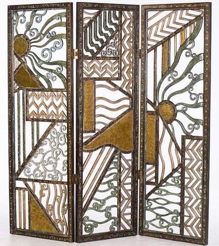 4777619: Contemporary Carved Wood Painted and Brass Mounted Three Panel Screen KL7CJ