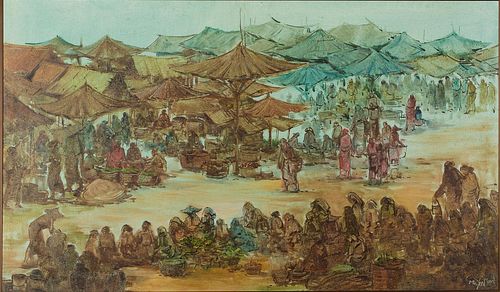 4777629: Ma Yin Tun, Indonesian Painting of a Market, Oil on Board KL7CC