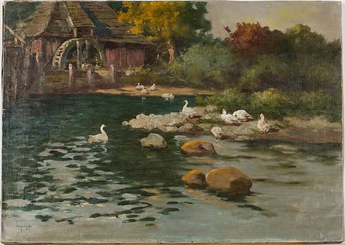 4777633: Laszlo Neogrady (Hungarian, 1896-1962), Geese and
 Watermill, Oil on Canvas KL7CL