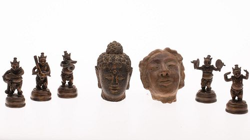 4777665: Two Heads and 5 Bronze Standing Figures with Musical Instruments KL7CC