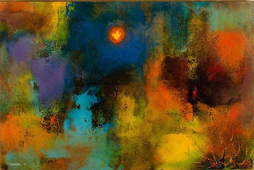 4796953: Leonardo Nierman (American/Mexican, b. 1932), Abstract
 with Sun, Oil on Board KL7CL