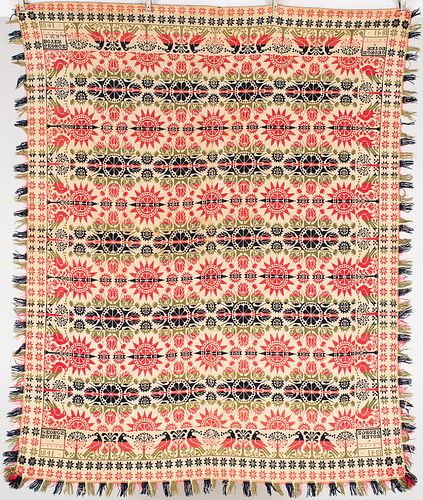 4643789: George Boyer Red, Green, Blue and Cream Jacquard Coverlet, 1841 KL6CJ