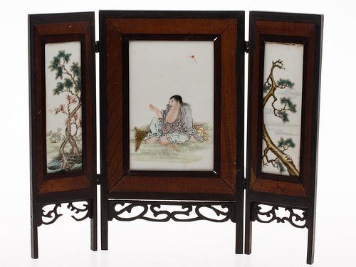 4643812: Asian Hardwood Three-Panel Table Screen with Porcelain Inset Plaques KL6CC