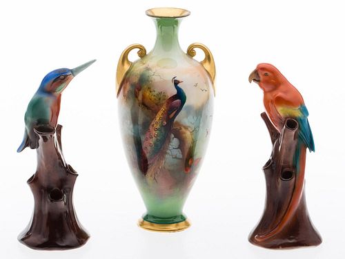 4643821: Royal Worcester Vase Painted with a Peacock and 2 Bird Vases KL6CF