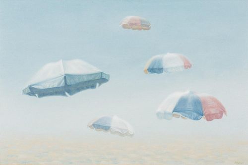 4642550: Schulman (American, 20th Century) Surrealist Umbrellas, Oil on Canvas TF1SL