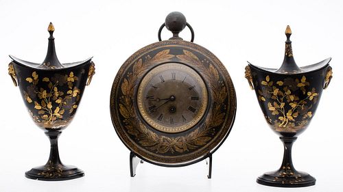 4642567: Pair of Tole Peinte Chestnut Urns and French Tole Circular Clock TF1SJ