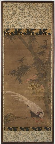 4642600: Asian Colored Ink on Silk Scroll Painting of Birds
 in a Landscape, 19th Century TF1SC