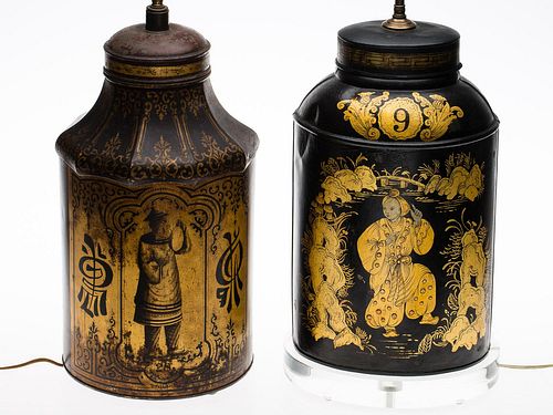4642638: Two English Tole Chinoiserie Tea Canisters Now
 Mounted as Lamps, 19th Century TF1SJ