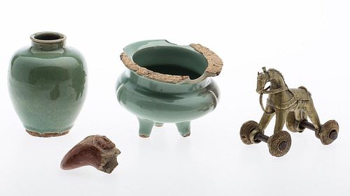 4642736: Indian Brass Rocking Horse Toy, Glazed Ceramic
 Vase, and Two Ceramic Fragments TF1SC