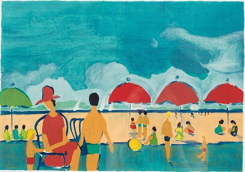 4642749: Jacques Potin (French, b. 1920), Beach Scene with
 Red Umbrellas, Lithograph TF1SO