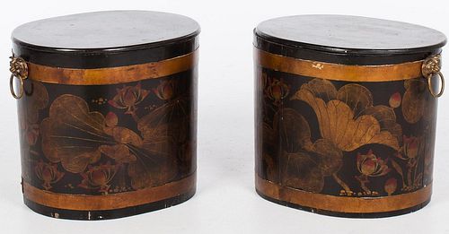 4642756: Two Floral Painted Metal Bound Lidded Wooden Containers, 20th Century TF1SJ