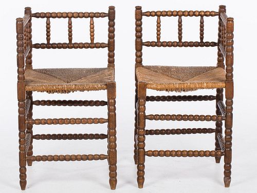 4642774: Pair of Bobbin-Turned Stained-Beechwood Rush Seat
 Corner Chairs, 19th Century TF1SJ