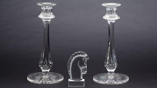 4642777: Steuben Horsehead Paperweight and a Pair of Glass Candlesticks TF1SF