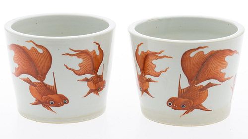 4642798: Pair of Asian Porcelain Jardinieres Decorated with Goldfish TF1SC