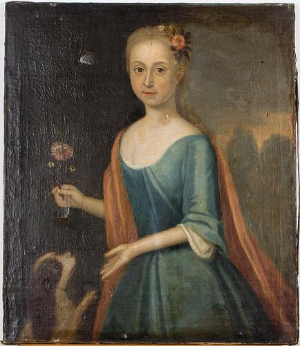 4642817: British School, Portrait of a Girl with Flower
 and Dog, Oil on Canvas, 18th Century TF1SL