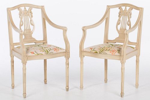 4642833: Pair of White Painted Lyre Back Open Armchairs, 20th Century TF1SJ