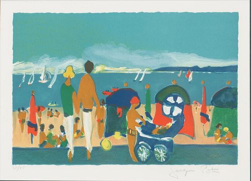 4660482: Jacques Potin (French, b. 1920), Beach Scene with
 Baby Carriage, Lithograph TF1SO