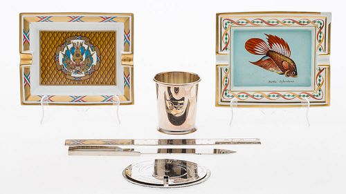 4542838: Four Sterling and Silver-Plate Desk Articles and Two Hermes Ashtrays KL5CQ