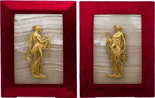 4542839: Pair of Gilt-Bronze Neoclassical Figures on Framed Agate Panels KL5CJ