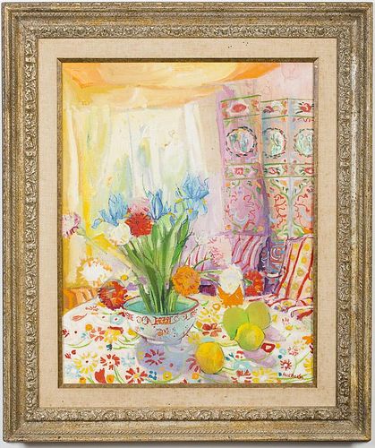 4542848: Jack Baker (California, 1925-2011), Floral Still
 Life with Interior Scene, Oil on Board KL5CL