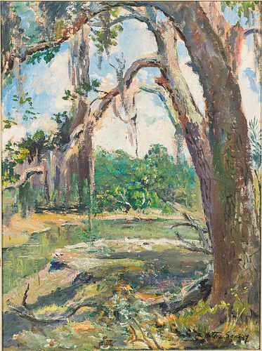 4542892: Hattie Saussy (Georgia, 1890-1978), River Landscape
 with Tree, Acrylic on Board KL5CL
