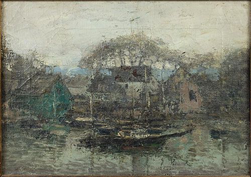 4542958: Paul Cornoyer (New York/Missouri, 1864-1923), Fishing
 Village with Boats, Oil on Canvas KL5CL
