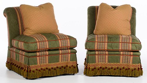 4542963: Pair of Green Cotton Damask Upholstered Slipper Chairs KL5CJ