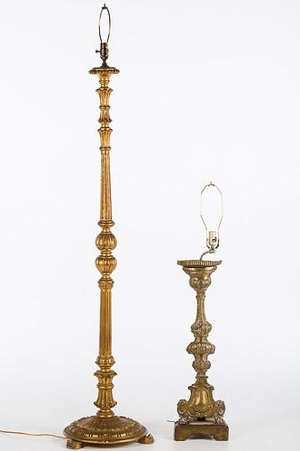 4543047: Giltwood Standing Lamp and Italian Brass Sham Pricket Lamp KL5CJ