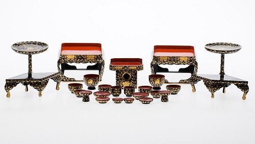 4543067: 25-Piece Japanese Black, Red, and Gold Lacquer Sake Set KL5CC