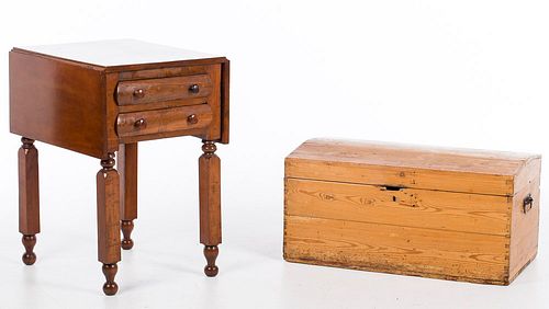 4543072: American Cherrywood Two Drawer Side Table and Pine
 Trunk, 19th Century KL5CJ