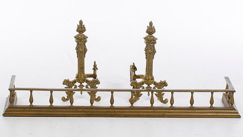 4543073: Pair of French Style Columnar Brass Andirons and a Brass Fender KL5CJ