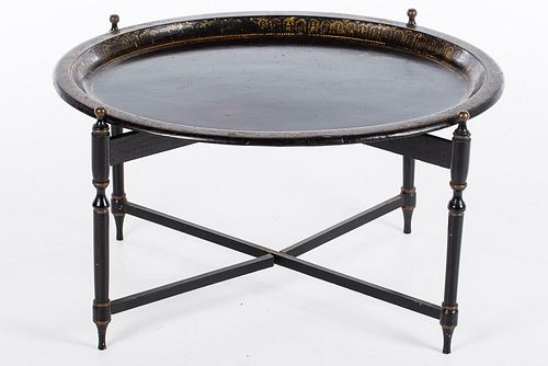 4543075: Victorian Oval Papier Mache Tray on X-Form Stand, Tray 19th Century KL5CJ