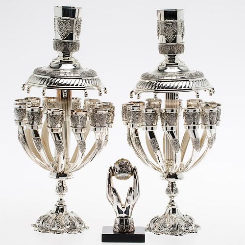 4543081: Pair of Judaica Silver Plate Wine Fountains and Sculpture of Hands KL5CQ