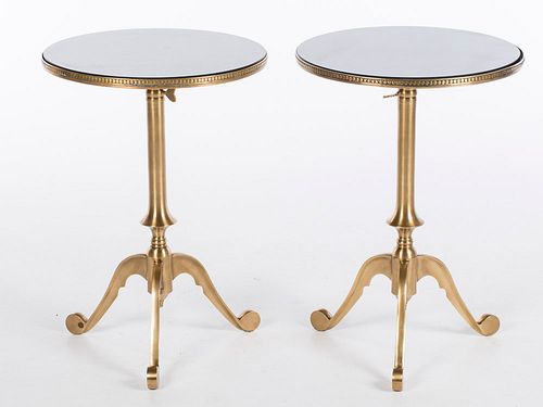 4543082: Pair of Brass Circular Marble Top Adjustable Side Tables, Modern KL5CJ