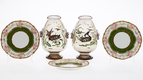 4543097: Pair of Glass Vases Painted with Ducks and 3 Porcelain Floral Plates KL5CF