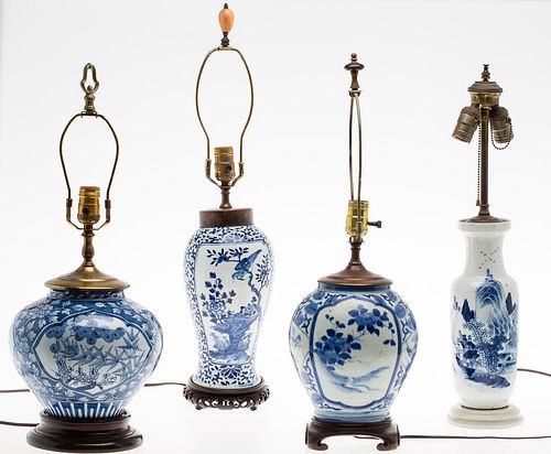 4556210: 4 Chinese Blue and White Vases, Now Mounted as Lamps KL5CC