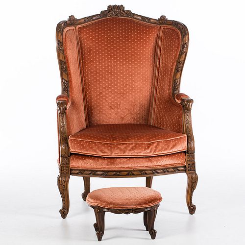 4556517: French Style Walnut Wingchair with Footstool, 20th Century KL5CJ